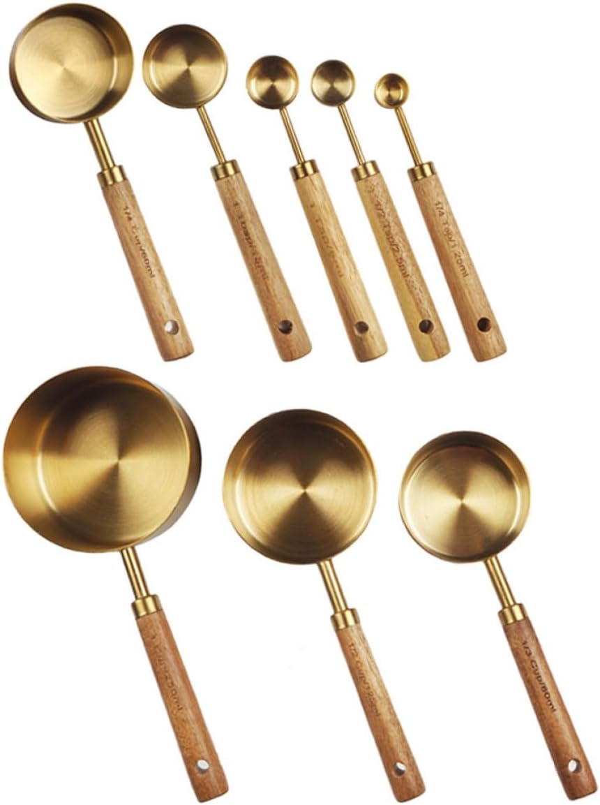 8pcs Stainless Steel Measuring Spoons and Cups Set with Wooden Handles, Long Handled Metal Measuring Spoons for Baking and Cooking, Kitchen Utensils for Dry and Liquid Ingredients