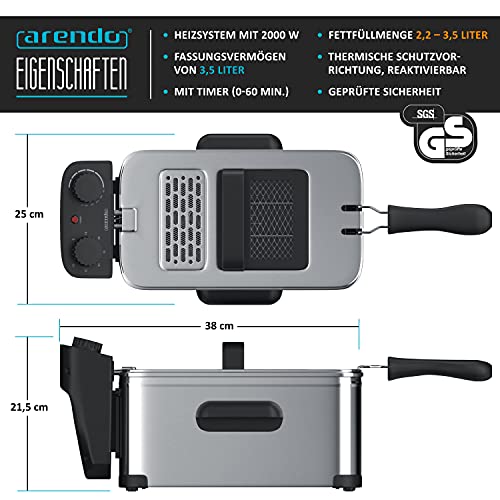 arendo 722303503722 Fritteuse mit Fett/Öl-3,5 Liter 2000 Watt, Silber Edelstahl – Bild 3