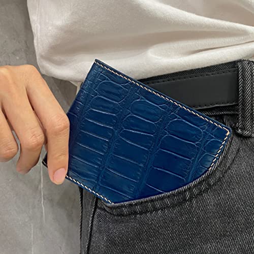 Image of Navy Blue Leather Slim Bifold Wallet Gift Men Hand Stitching Luxury Large Capacity Credit Card Holder Premium Security Wallet RFID Blocking Anti Theft Handmade By Vietnamese VINAM-88