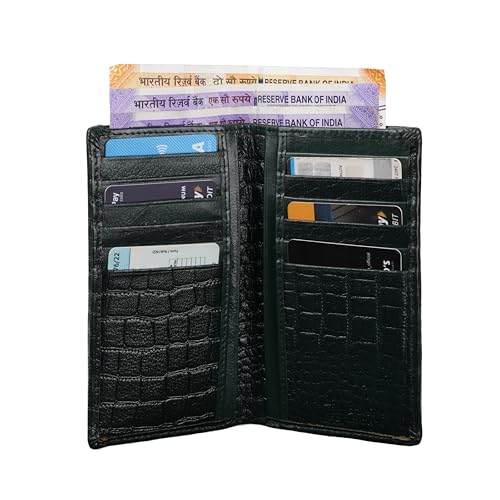 Image of Croco Pattern Genuine Leather Long Wallet | for Men & Women RFID Protected | 12 Card Slots | Travel Accessories (Green)