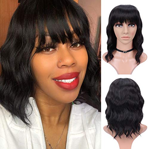 M-BOX Hair 12 Inch Wavy Bob Wig with Bangs Short Curly Bob Wigs Shoulder Length Synthetic Wigs for Women Natural Black Fluffy Pastel Colored Wigs for Girls (12",#2)