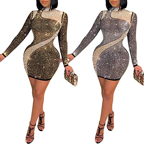 Image of PORRCEY Women's Sexy Elegant Rhinestone Mesh Party Club Night Mini Dress