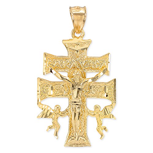 Religious Jewelry by FDJ 14k Yellow Gold Caravaca Double Cross with Angels Crucifix Pendant