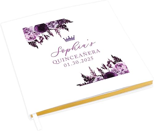 Andaz Press Libro de invitados de quinceañera personalizado con detalles dorados, flores moradas, 120 páginas de 8.5 x 8.5 pulgadas, álbum de fotos