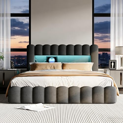BRILVERDE Polsterbett 160x200 cm, Hydraulisch Stauraumbett, Doppelbett mit LED und USB, Jugendbett mit Stauraum Kopfteil, Bettgestell mit Lattenrost, Leinen (Grau, 160 x 200 cm)