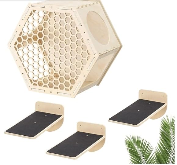Navaris Percorso Gatti da Parete Set da 4-1 Mensola Gatto e 3 Scalini - Accessori Gatti in Casa - Giochi Gatto - Pannello Scaletta Gatti - Esagonale