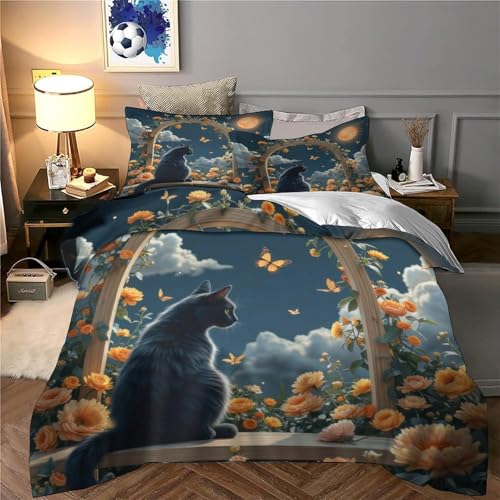 Housse de couette chat noir 140x200cm parure lit simple microfibre douce - 6