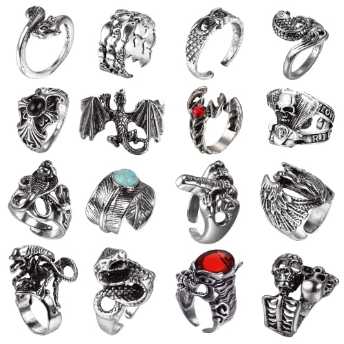 JeryWe 16Pcs Bague Homme Anneaux Gothique Open Punk Vintage Bague Ensemble Réglables Tête De Mort Dragon Claw Poulpe Serpent Animal Bague Fête Cosplay Accessoires