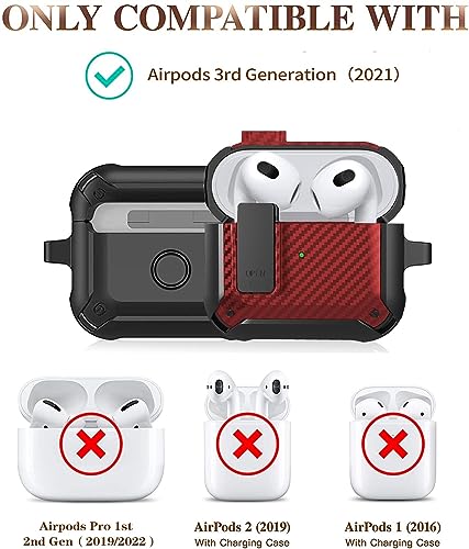 Image of Olytop for Airpods 3rd Gen Case with Lock 2021, Rugged Apple Airpods 3rd Generation Case Men Women, Armor Shockproof iPod 3rd Gen Case Protective Hard Shell with Carabiner&Cleaner kit, Black /Red