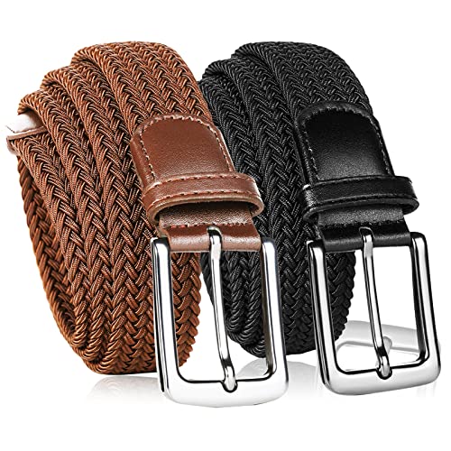 Mens Belts Casual Nylon Tactical 2 Pack Adjustable Stretch Braided Web Elastic Fabric Belt Outdoor Golf for Men Pants Jeans (Black/Brown, 32