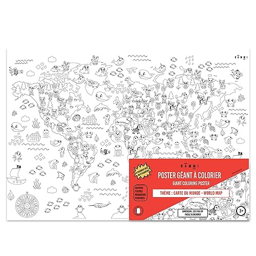 BAMMI Poster Géant à colorier Le Monde des Animaux 100 cm x 70 cm - Carte du monde - Papier Qualité Supérieure - Made in France