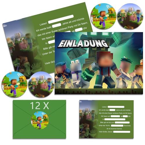 IRONIUM 12x Pixe Einladungskarten Kindergeburtstag Junge mit Umschlag Deutsch Geburtstagseinladungen Jungen Cartoon Geburtstag Einladungskarten Set für Themed Party (A6) (A)