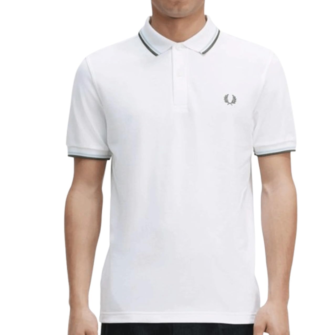 Fred Perry Mens Twin Tipped Polo Shirt M3600 100% Cotton in White Tipped with Ice Blue and Dark Green Size Medium
