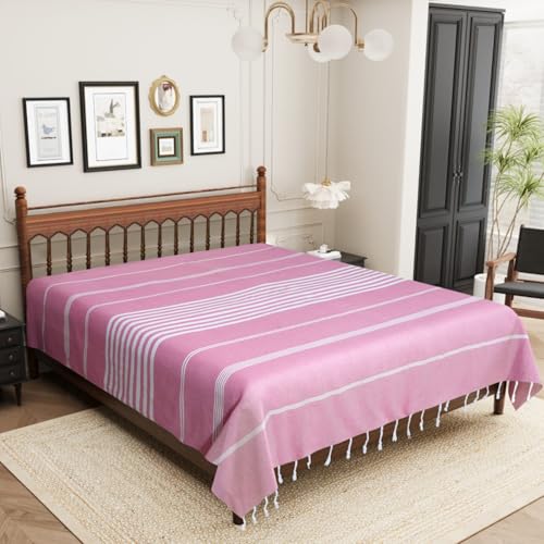Image of Handmade Double Bedsheet 210 TC | Without Pillow Cover | Handloom Cotton Bedsheets for Double Bed | Double Bedsheet for Summer (Size 90X100 Inches, 7.5 x 8.3 Feet (Cavern Pink, King Size)