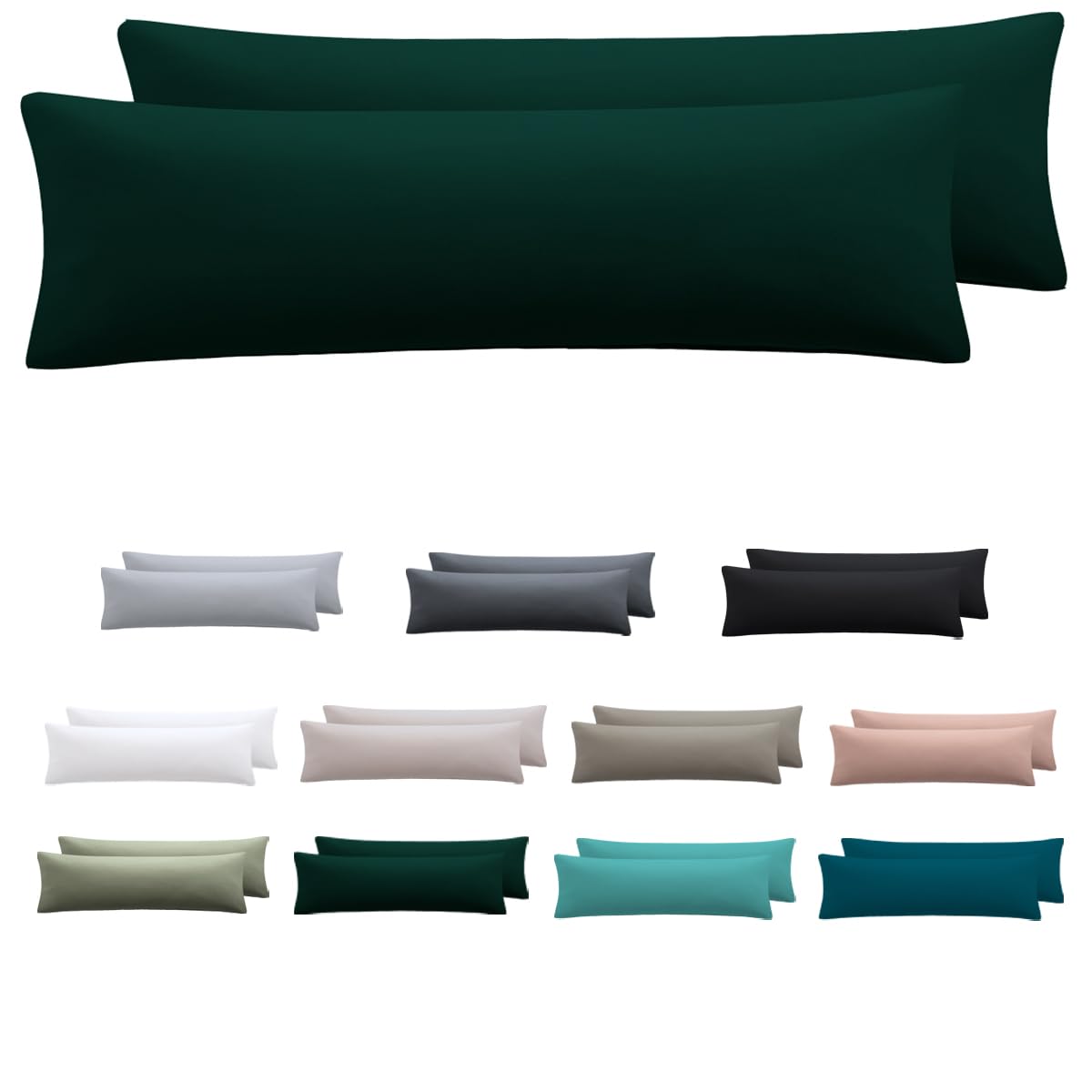 Nesture Seitenschläferkissen Bezug 40 x 145 2er Set - Kissenbezug 40x145 cm Dunkelgrün, 100% Mikrofaser kopfkissenbezug mit Reißverschluss, Weich und Bügelfrei