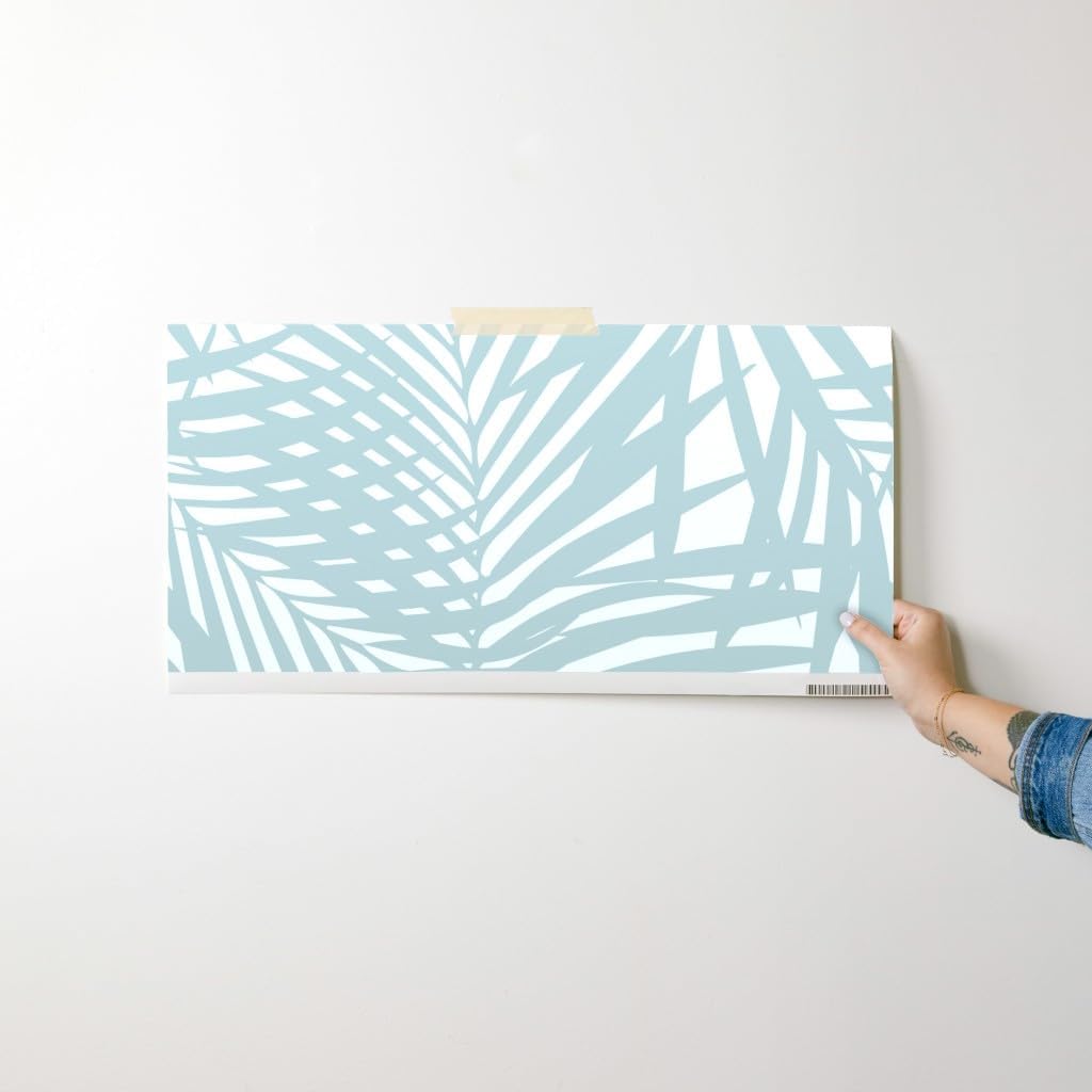 Peel & Stick Wallpaper Swatch - Pastel Blue Palm Fronds Tropical Beach Coastal Island Leaves Custom Removable Wallpaper by Spoonflower