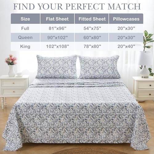 Image of Mooreeke Cozy Vintage Microfiber Printed King Sheet Set - Soft Breathable Percale Cotton Floral Bed Sheets with Deep Pocket - Non-Slip Fitted Design - Yellow Blue Gray Gradient Flowers Pattern