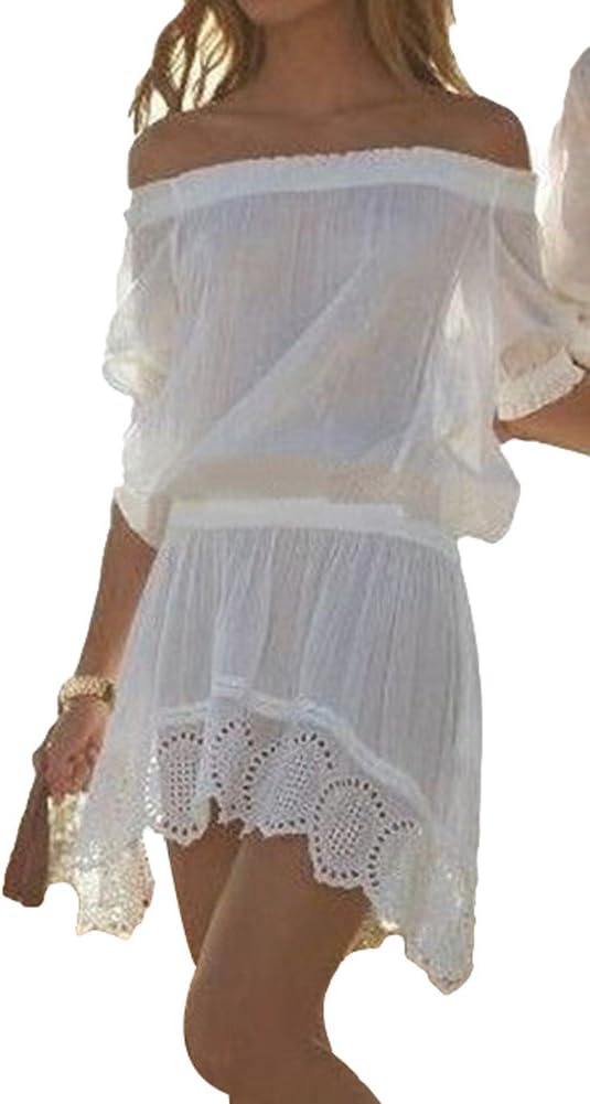Popbop Women Off Shoulder Sheer Swimwear Bikini Cover up Beach Dress White