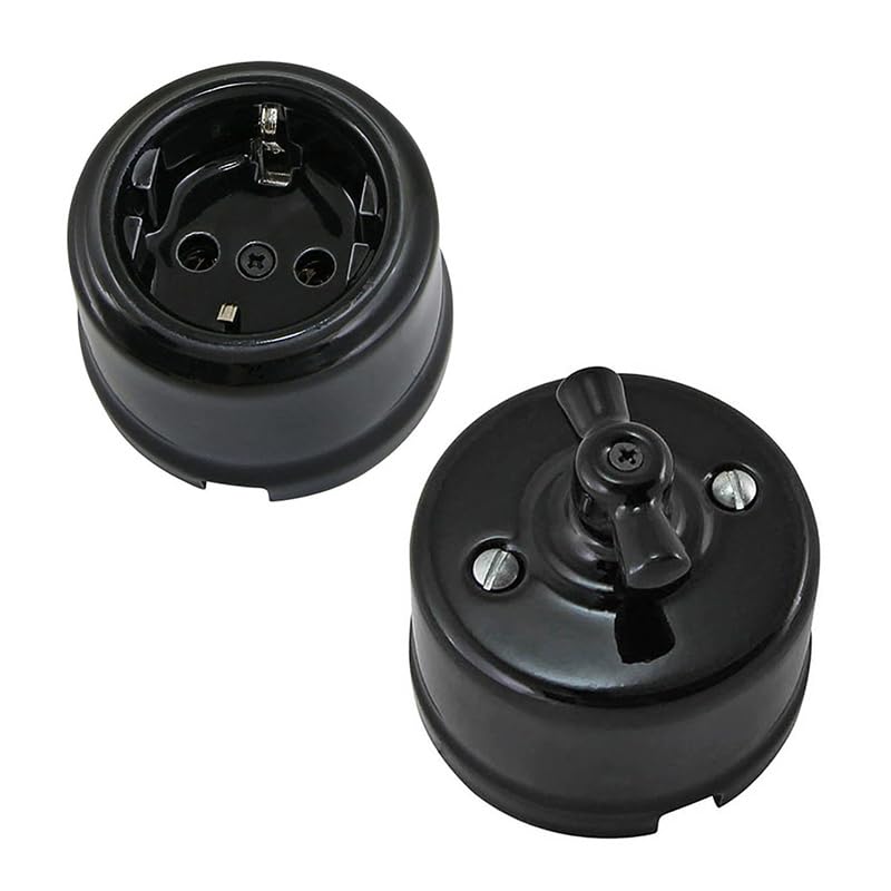 Rotary Vintage Porcelain Light Switch and Ceramic Wall Germany Socket Outlet with Earthing(Black)
