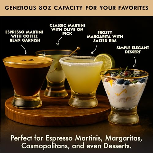 Vasos de martini VEMACITY sin pie estables y duraderos con herramientas de bar doradas 6