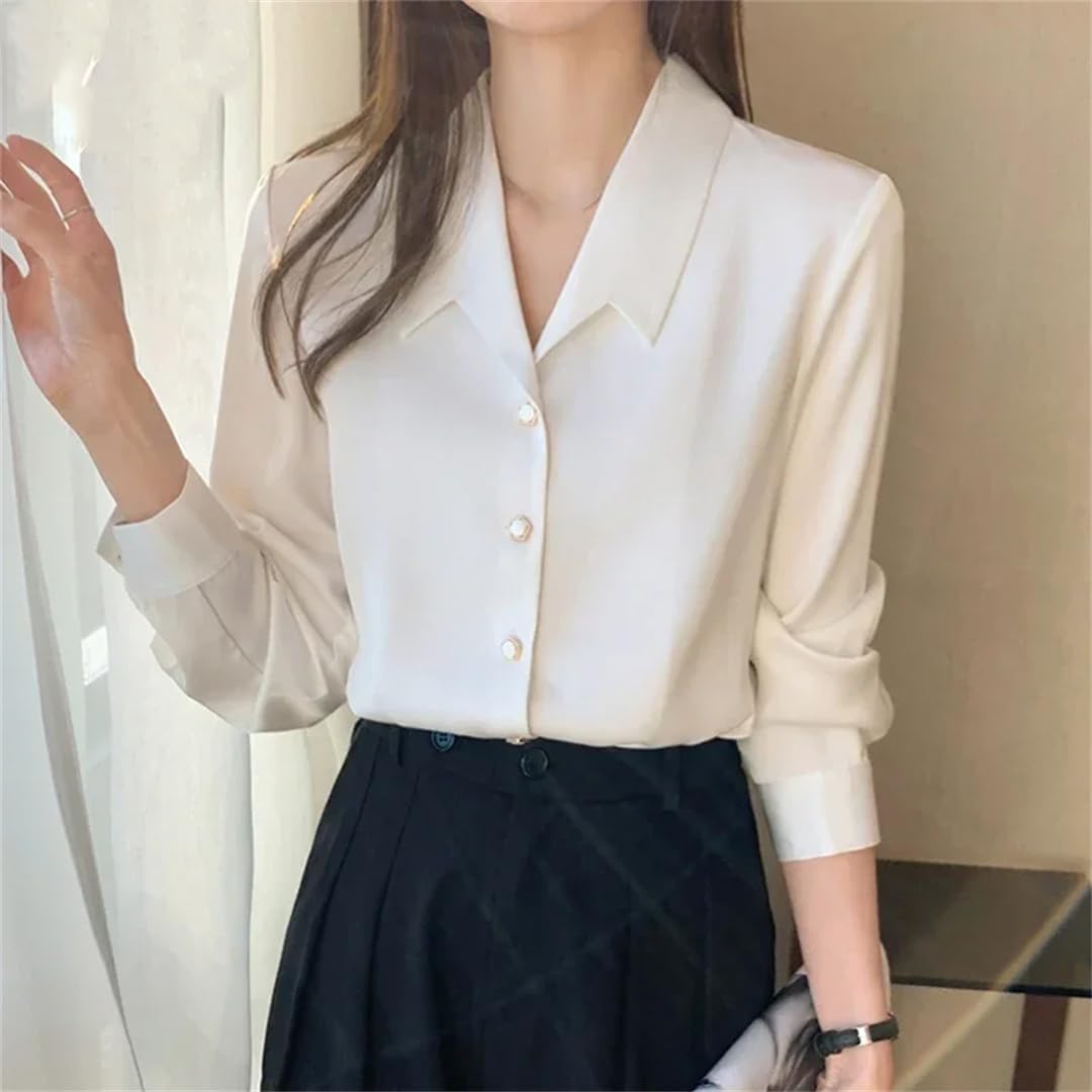 Blusas de satén para mujer, de manga larga, elegante, básica, con botones, de manga larga, simple, formal, casual