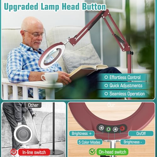 Image of 12X Magnifying Glass with Light and Stand, Real Glass Lens (Not Acrylic), 5 Color Modes, Stepless Dimmable, LED 3-in-1 Floor Lamp, Swing Arm with Clamp, Lighted Magnifier Hands Free for Crafts - Red