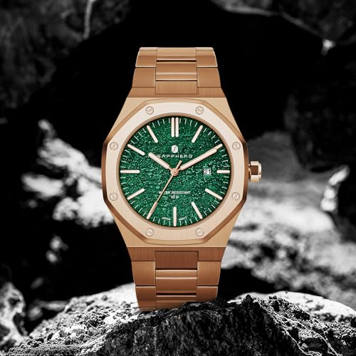 Image of Sapphero Watches for Men Analog Mens 50M Waterproof Watch Luminous Watches Quartz Date Display Men's Wrist Stainless Steel Casual Luxury Gifts for Men, Green Jade Face Rose Gold Strap