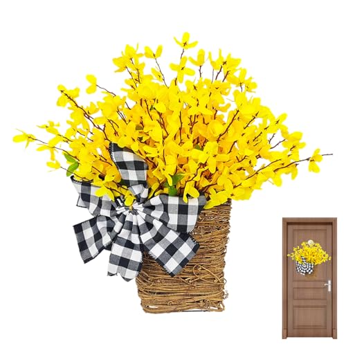Decoración de primavera para puerta de entrada - Arreglo botánico exuberante, estilo decorativo hecho a mano, elementos pastel suaves, materiales seguros para exteriores, detalles estacionales