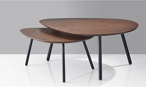 Miniatura 7 de Adesso Juego de dos mesas auxiliares anidables, chapa de roble nogal y patas de metal negro mate, mesas decorativas modernas versátiles para salas