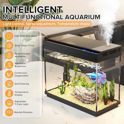 Image of Vehipa Fish Tank, 2 Gallon Fish Aquarium, Fish Tank Starter kit with 3 in 1 Quiet Pump Smart Humidifier, Temperature Display, 7-Color Lighting (Black)