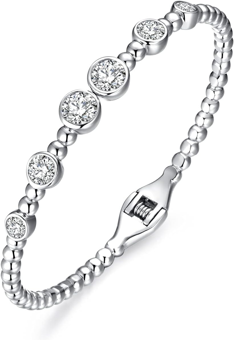 NUZON18K Gold/Silver Plated Open Cuff Oval Bangles for Women AAA Cubic Zirconia Ball Beaded Stackable Bracelets Adjustable Minimalist Jewelry