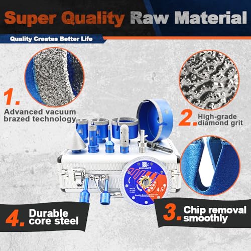 Image of Diamond Core Drill Bit Set - BRSCHNITTTile Hole Saw Kit 1 /4 inch 5 /16 inch 3 /8 inch 4 /5 inch 1-3 /8 inch2 inch 3 inch 4 1 /2 inch& 4 /5 inch Finger Bit&2 inch Chamfer Bit for Porcelain Tile Ceramic Marble Granite&Diamond Blade
