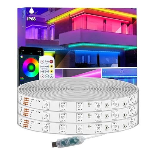 Bvokon 12m LED Strip Lights IP68 Outdoor Waterproof, 5V USB Powered, Music Sync Bluetooth APP/RF Remote Control Lights for Balcony,Deck,Camping,Garden,Bedroom Decor