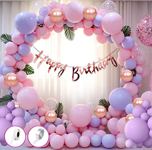 Image of Bliss & Bow Latex Birthday Balloon Kit | Pink, Purple Pastel Balloons Combo with Paper Banner, Balloon Arc, Glue Dots, Silver Confetti for Girls, Kids, Baby | Ideal Party Decor Set (128 Piece)