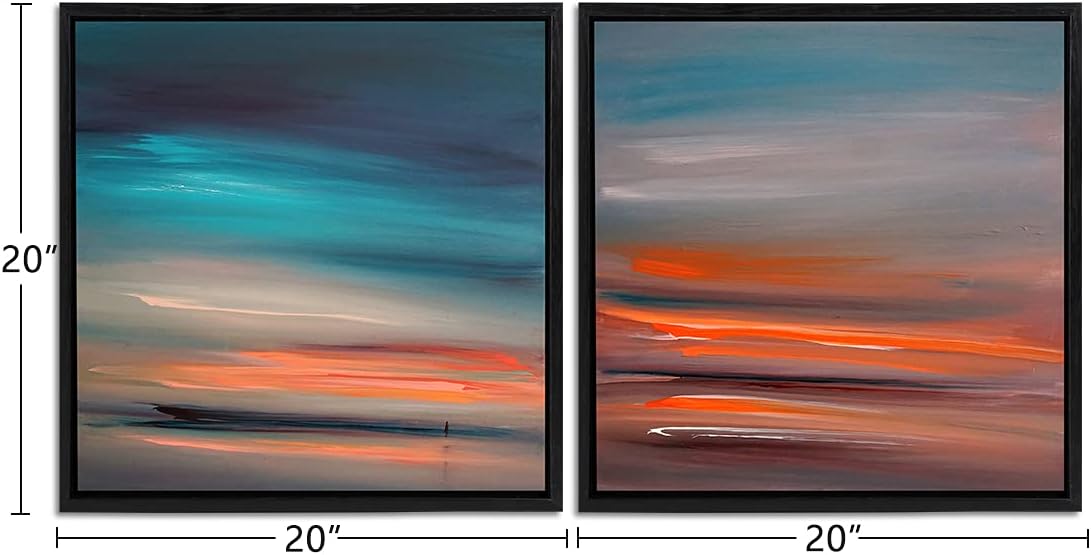 Loomarte Abstract Beach Wall Art Giant Ocean Landscape Picture Linen Print Nature Walls Decor Scenery Painting for Living Room Bedroom Home Decorations 20x20 Inches, 2 PCS Artworks (Black Frame)