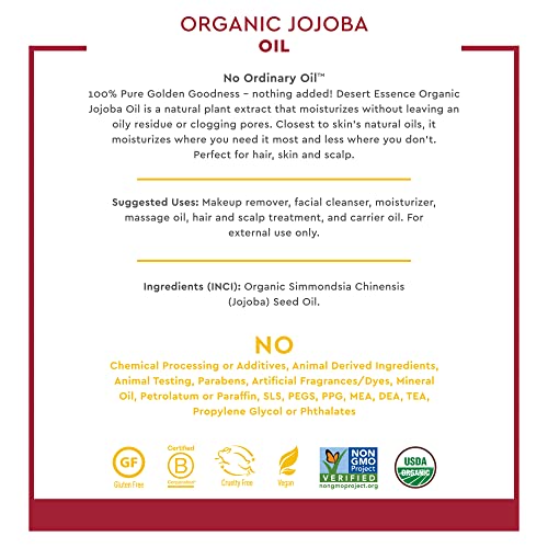 Desert Essence Jojoba Oil - 4 Fl Ounce - Moisturizer For Face, Skin, Hair - Cleanses Clogged Pores - May Prevent Scalp Flakiness - Fights Skin Infections - Usda - Suitable For Sensitive Skin #TOP4