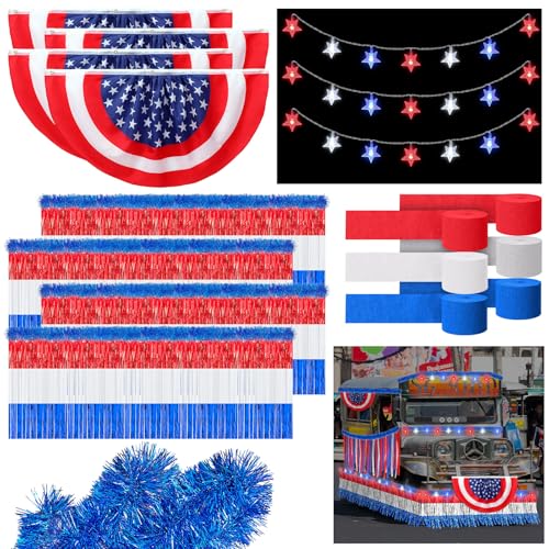 Image of Crowye 250th 4th of July Parade Float Glow in The Dark Decoration Set Memorial Day Metallic Foil Fringe Curtains Patriotic Banner Red White Blue Crepe Paper Streamer Star Shape String Light for Party