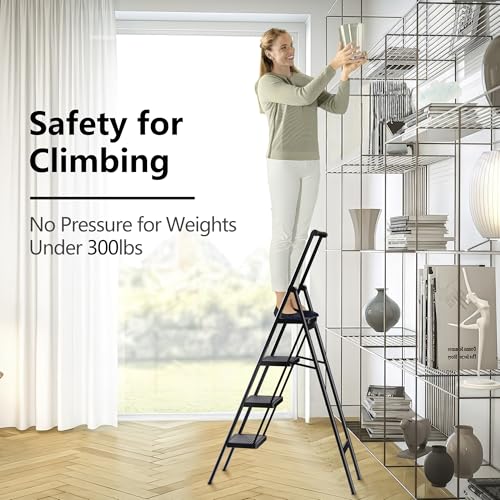 Image of SOLADDER Step Ladder 4 Step Folding Stool with Anti-Slip Widened Sturdy Pedal and Handgrip, Portable and Multi-Use Iron Stepladder for Home, Kictchen, 300 lbs Capacity -Black