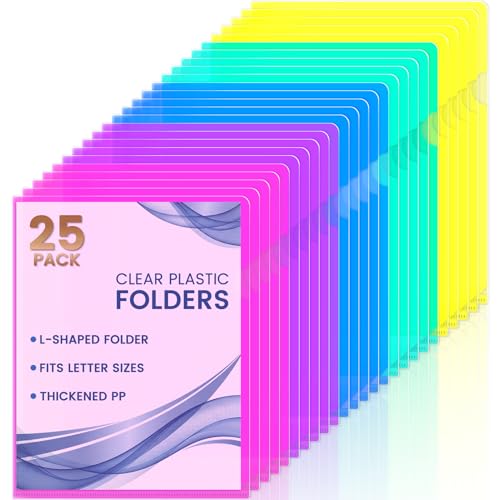 Sooez 25 Pack Clear Document Folder Project Pockets Clear Plastic Folders Letter Size Plastic Document Folders Paper Poly Jacket Sleeves Folders Copy 5 Assorted Colors