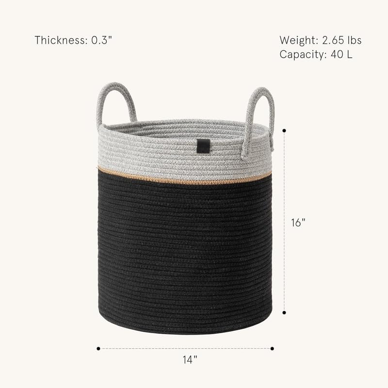 Image of Storage Cotton Rope Basket and Laundry Hamper for Dirty Clothes, Towels, Blankets, Pillows Storage in Living Room, Laundry Room and Bedroom (Black Grey, 14x16 Inch)