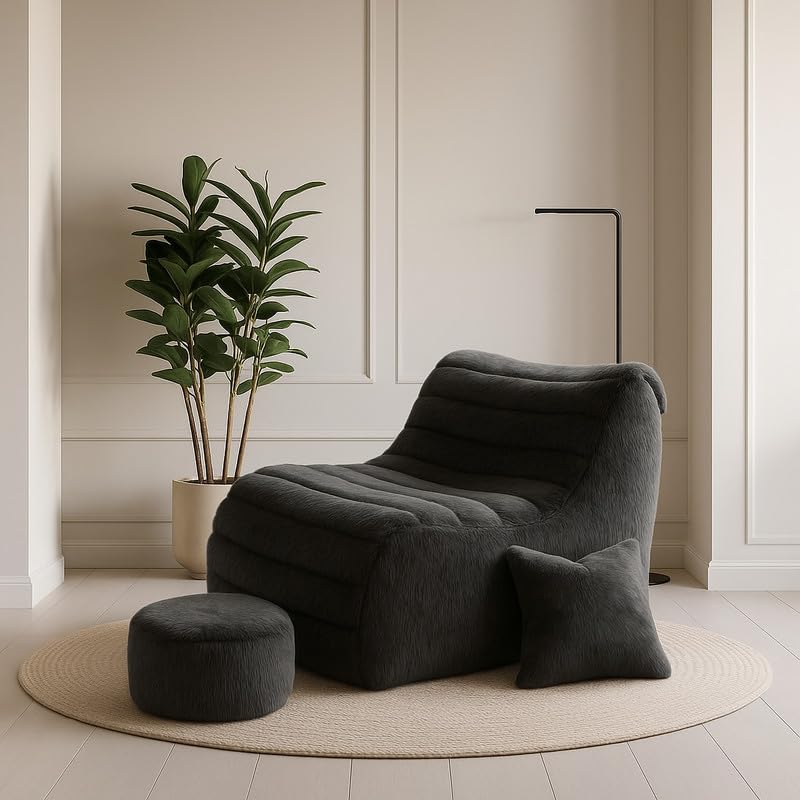 Image of Biggie Bean Bag Chair with Beans Filled 5XL Elegenza Chair-Laziness Pro Max-Crafted for Comfort-Styled for Elegance with Free Cushion & Footrest (Matching Color : Soft Fur Black)