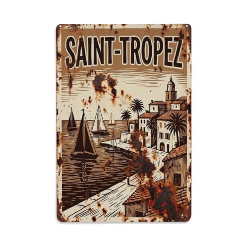 Plaque en métal vintage voyage Saint-Tropez France Voile