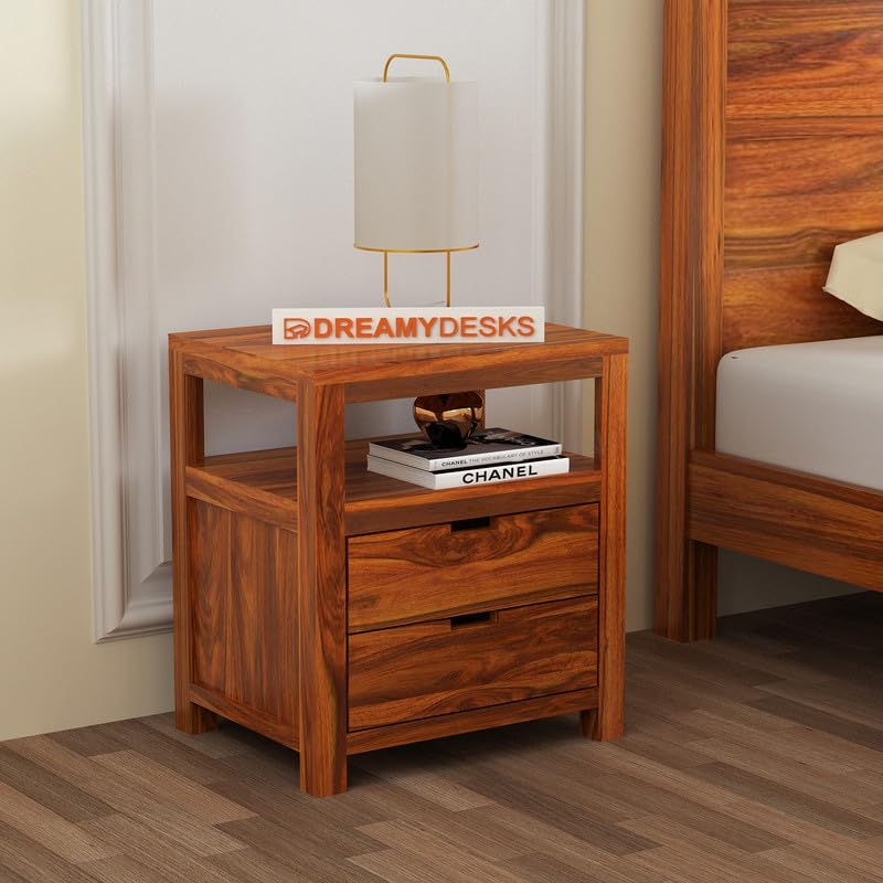 Image of Solid Sheesham Wood Bedside Table with 2 Drawer & 1 Open Shelf Storage for Bedroom, End Table, Side Table for Living Room Home (Natural Finish)
