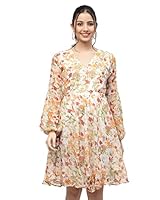 I ENTERPRISE Women's Georgette Orange V Neck Full Sleeve A-line Dress | Dress for Women | One Piece Dress for Women | Dress for Women Stylish | Western Dress | Dress for Women | Printed Dress