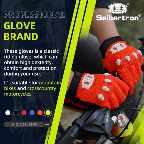 Image of Seibertron Unisex MX ATV MTB Racing Gloves - Full Finger Touchscreen Glove for Bicycle Cycling Mountain Biking Motorcycle and Motocross Fluo Orange M