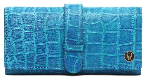 Image of WildHorn Women's Genuine Leather RFID Blocking Wallet | Tri-Fold High-Capacity Ladies Purse with Card Slots, Zipper Coin Pocket & Snap Closure | Ideal Gift for Women (Aqua)