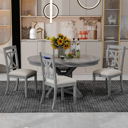 Image of 5-Piece Extendable Dining Set, Retro Kitchen Table for 4 6 People with Removable Middle Leaf and 4 Upholstered Chairs, Round Dining Table for Kitchen, Dining Room, Grey