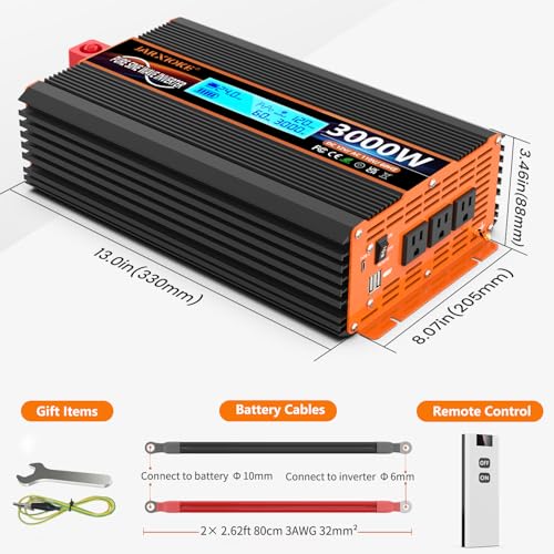 Jarxioke 3000 Watt Pure Sine Wave Power Inverter 24V Dc To 110V 120V Converter For Family Rv Off Grid Solar System Car With Type-C Ports 3 Ac Power Outlets Dual Usb Ports Lcd Display And Remote Control thumb #5