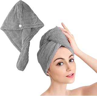 Toallas de Microfibra para Secar el Pelo, Turbante de Secado Rápido Superabsorbente con Botón, Gorro para Cabello Largo, R...