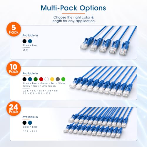 Image of Intellinet Slim Cat6 Ethernet Network Patch Cable - 10-Pack - 10Gbps & 250MHz, Snagless Boot, 30AWG Pure Bare Copper Wire, Gold-Plated Contacts, Lifetime Mfg Warranty - 20ft, 10 Pack, Blue